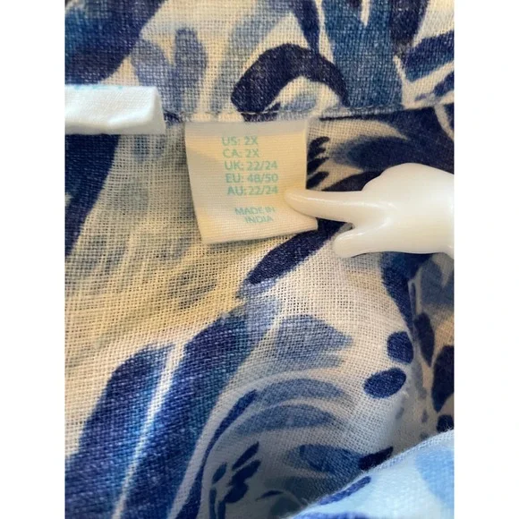 CYNTHIA ROWLEY Linen Size 2X Tunic Popover Top Blue White Flower Print Floral - Picture 4 of 8